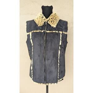 💜Reversible Leopard Faux Fur Vest Black Suede Look Zip Women’s M